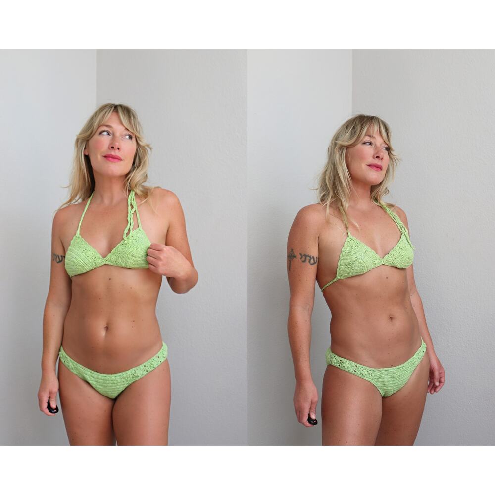 1970's Deadstock Pistachio Green Cotton Crochet Hip Hugger Bikini Women's XS SM